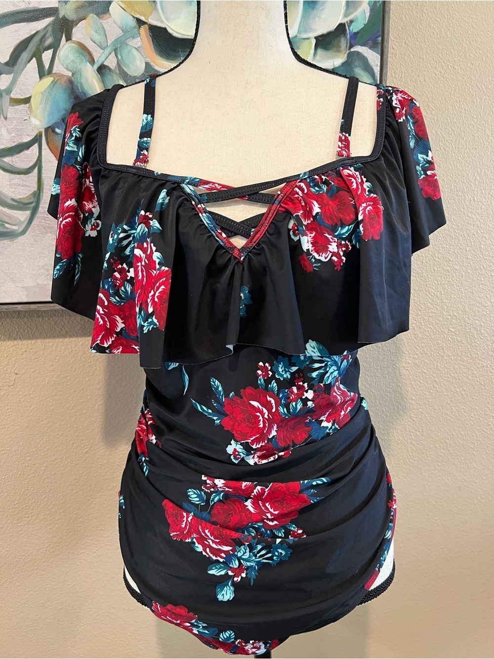 Black Floral Ruffle One-Piece Off Shoulder Swimsuit w/Red Roses and Teal Leaves